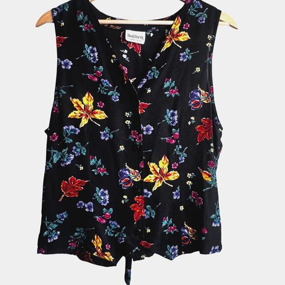 BonWorth Black Floral Button Down Vest Medium Bright Print - Picture 1 of 5